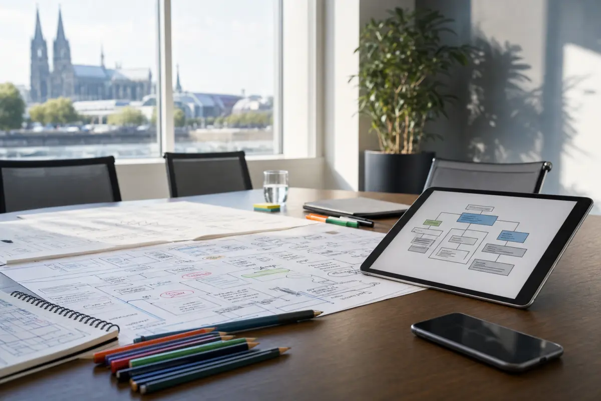 Illustration zum Artikel WordPress Agentur in Köln: Wann lokale Nähe wirklich hilft, Abschnitt 3: Projektplan auf Papier, Farbstifte, Tablet mit Diagramm, Smartphone, Konferenztisch