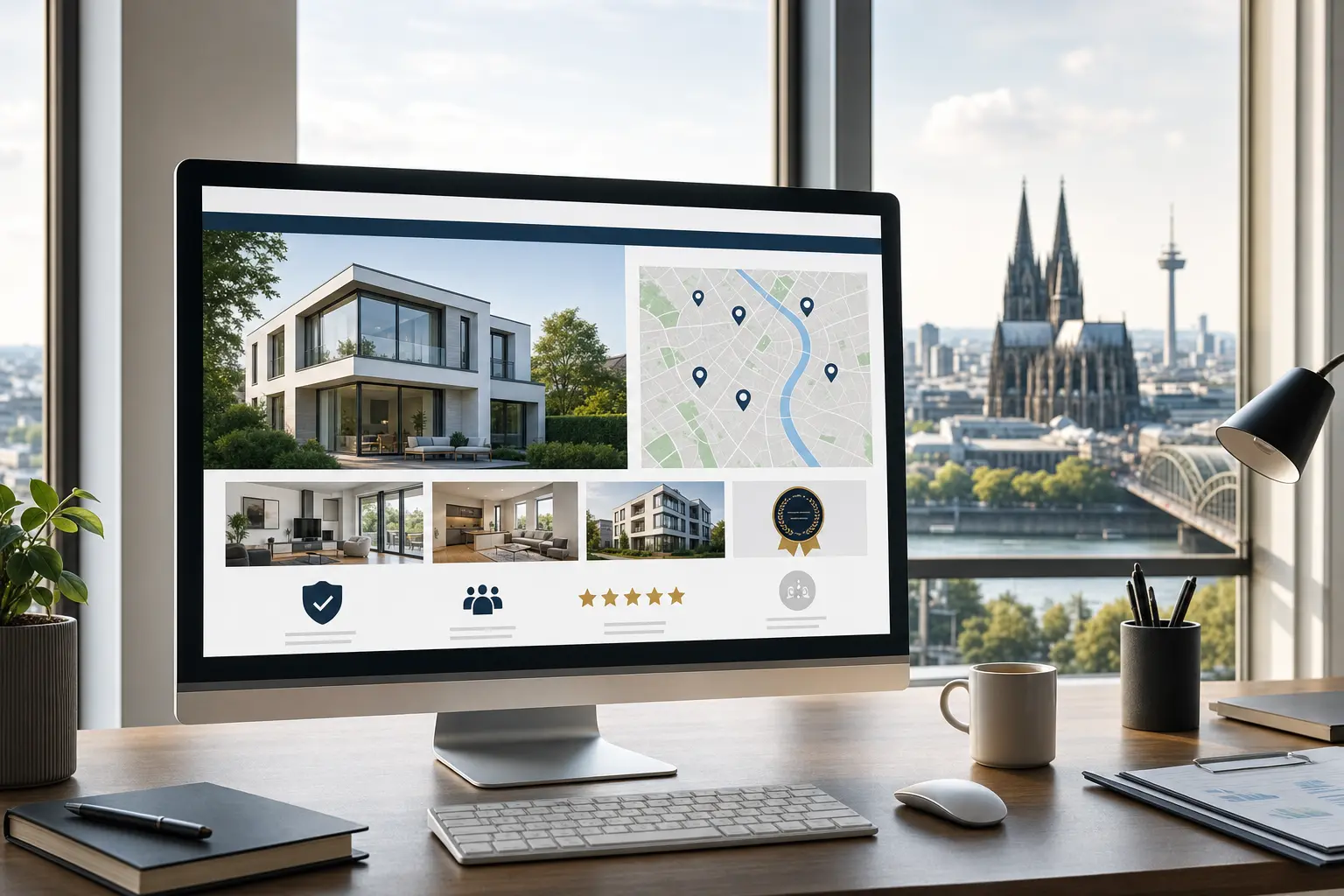 Titelbild zum Artikel Webdesign für Immobilienmakler: Immobilien, Vertrauen und lokale Sichtbarkeit: großer Bildschirm, stilvoller Schreibtisch, Immobilienfoto auf Bildschirm, digitale Karte, Auszeichnungssymbole, Kundenbewertungs-Icons, Fenster