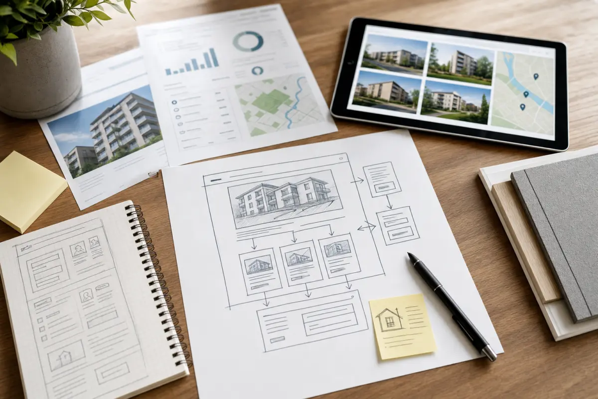 Illustration zum Artikel Webdesign für Immobilienmakler: Immobilien, Vertrauen und lokale Sichtbarkeit, Abschnitt 1: Schreibtisch, Papiere, Notizen, Diagramme, Skizzen, Tablet, Stift