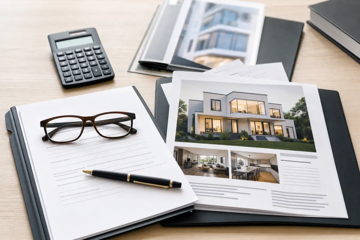 Illustration zum Artikel Webdesign für Immobilienmakler: Immobilien, Vertrauen und lokale Sichtbarkeit, Abschnitt 4: Maklervertrag, Immobilienexposé, Brille, Kugelschreiber, Taschenrechner, heller Holztisch
