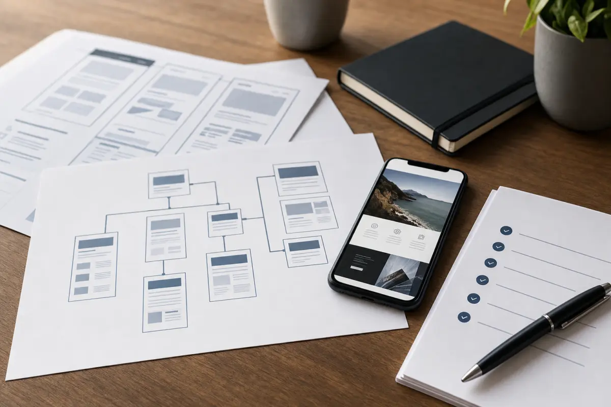 Illustration zum Artikel Website selbst erstellen oder Agentur beauftragen?, Abschnitt 3: gedruckte Website-Struktur, Notizbuch, Smartphone mit Website, Kugelschreiber, Merkmal-Liste