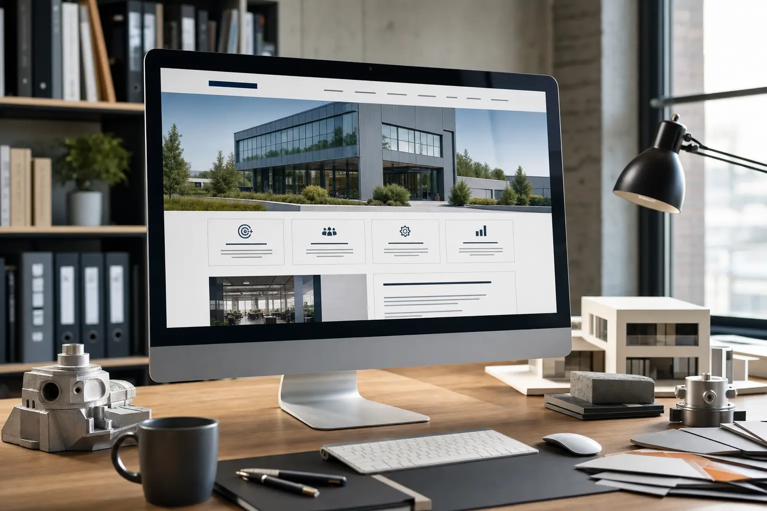 Titelbild zum Artikel Webdesign für mittelständische Unternehmen: Was wirklich zählt: moderner Monitor, Unternehmenswebsite auf Bildschirm, Schreibutensilien, Produktmodelle, Bücherregal, dezente Bürolampe