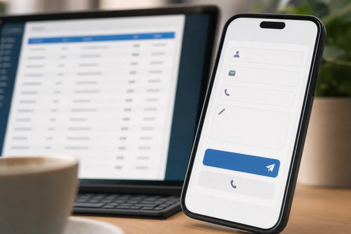 Illustration zum Artikel Responsive Webdesign: Warum mobile Websites heute Pflicht sind, Abschnitt 2: Smartphone mit Kontaktformular, unscharfe Tabelle, große Buttons, Textfelder