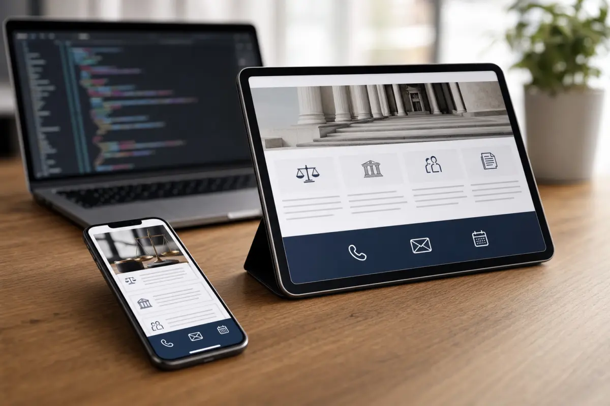 Illustration zum Artikel Webdesign für Rechtsanwälte: Vertrauen, Klarheit und seriöse Wirkung, Abschnitt 3: Smartphone, Tablet, Laptop im Hintergrund, Holztisch