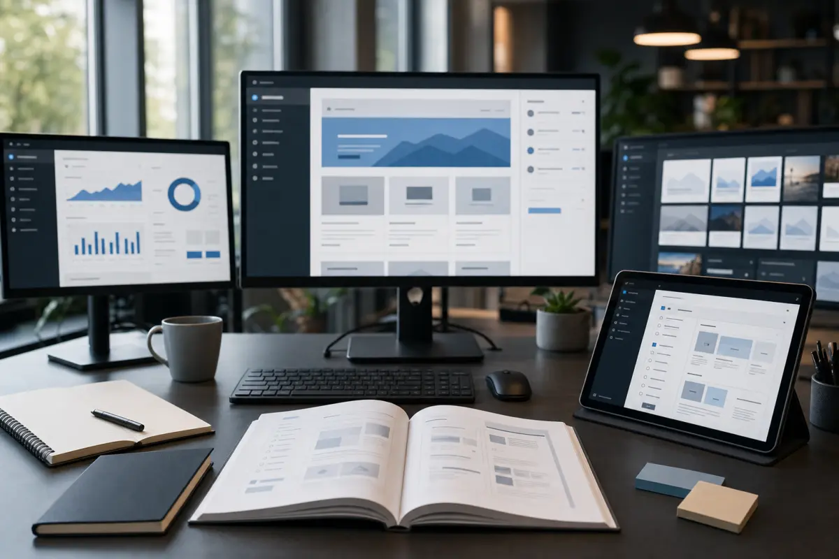Illustration zum Artikel Webdesign-Case: Wie aus einer veralteten Website ein moderner Auftritt wurde, Abschnitt 3: moderner Schreibtisch, mehrere Bildschirme mit Website-Dashboards, Tablet mit CMS-Ansicht, Notizblöcke, Admin-Handbuch, Tastatur,