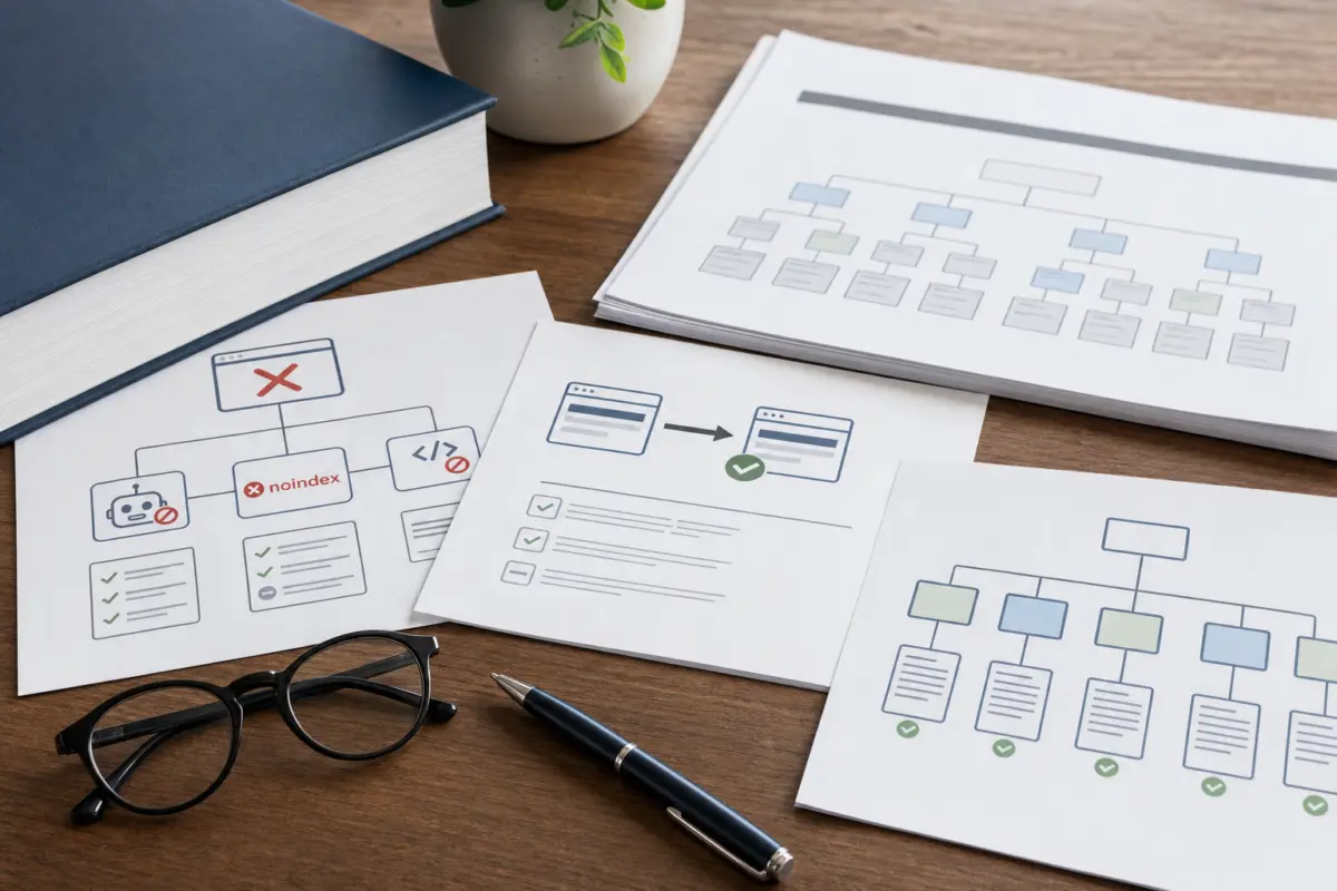 Illustration zum Artikel Warum wird meine Website nicht indexiert?, Abschnitt 4: Blätter mit Noindex-Regeln, Canonical-Tags, Sitemap-Ausdruck, SEO Fachbuch, Kugelschreiber, Brille