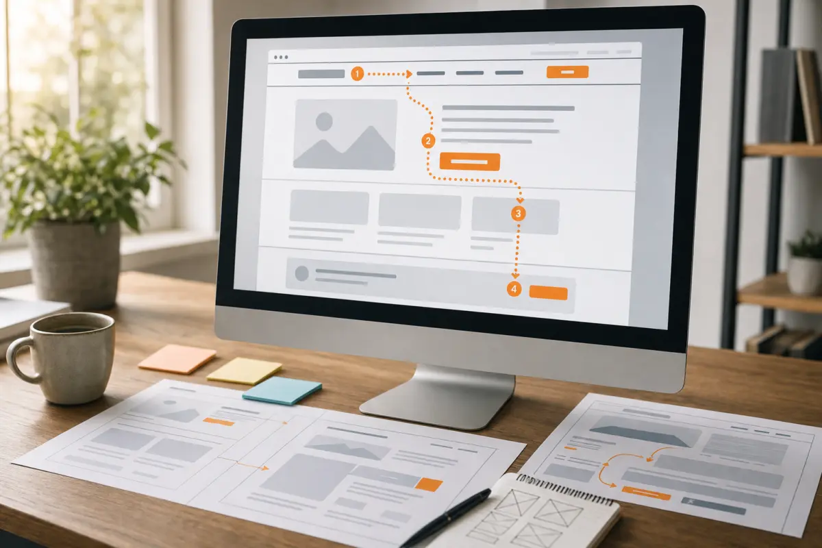 Illustration zum Artikel Warum hat meine Website Besucher, aber keine Kunden?, Abschnitt 2: abstrakte Website-Segmente, hervorgehobene Navigationspfade, klar strukturierte Buttons, einfache Menüanordnung