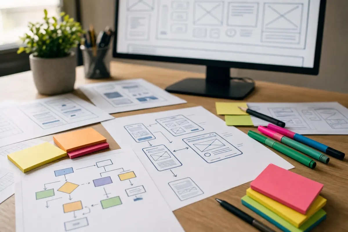 Illustration zum Artikel Webdesign und Conversion: Wie aus Besuchern Anfragen werden, Abschnitt 1: gedruckte Wireframes, Nutzerfluss-Diagramm, farbige Marker, Notizzettel, Monitor mit Layout-Skizze, Schreibtisch