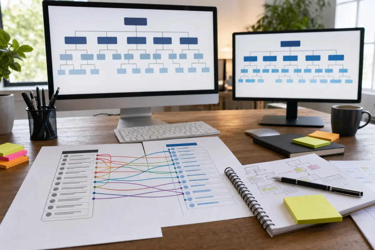 Illustration zum Artikel Warum funktioniert mein Website-Relaunch nicht?, Abschnitt 2: moderner Schreibtisch, zwei Monitore mit Sitemap-Darstellung, gedruckte URL-Listen, farbige Linien als Verbindungen,