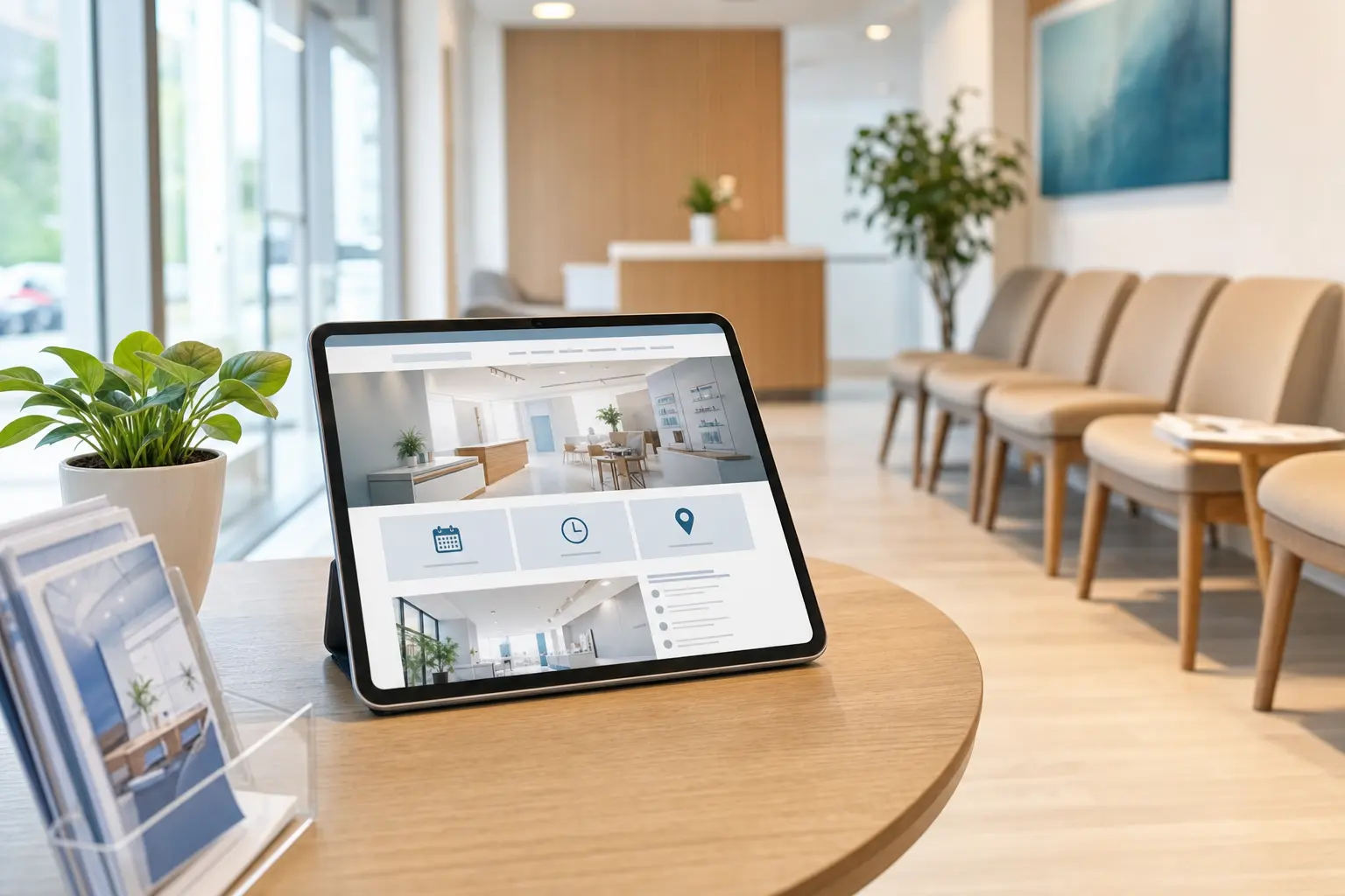 Titelbild zum Artikel Webdesign für Arztpraxen: Worauf moderne Praxis-Websites achten sollten: Tablet mit Praxis-Website-Mockup, Wartezimmerstühle, Pflanze, Informationsbroschüren, Tageslichtfenster