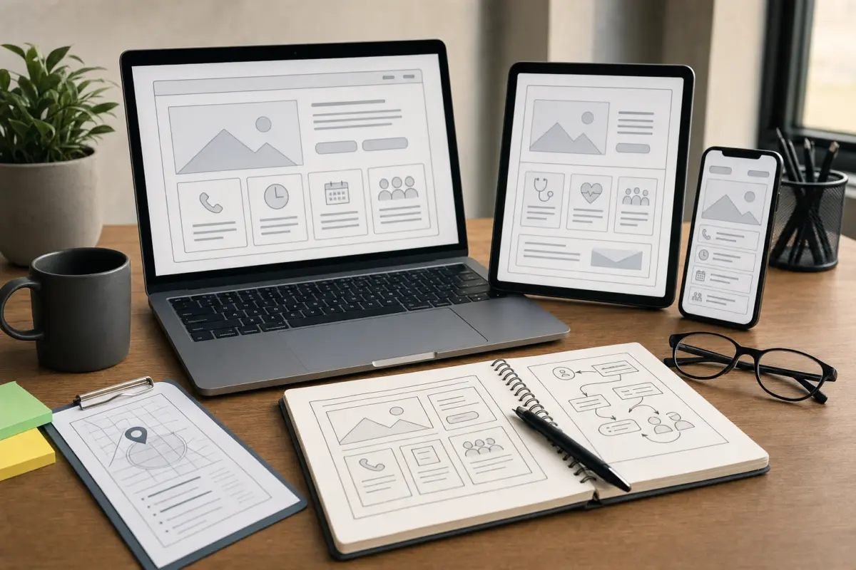 Illustration zum Artikel Webdesign für Arztpraxen: Worauf moderne Praxis-Websites achten sollten, Abschnitt 3: Laptop mit Wireframe-Skizze, Tablet mit Wireframe-Skizze, Smartphone mit Wireframe-Skizze, Notizblock mit Skizzen,