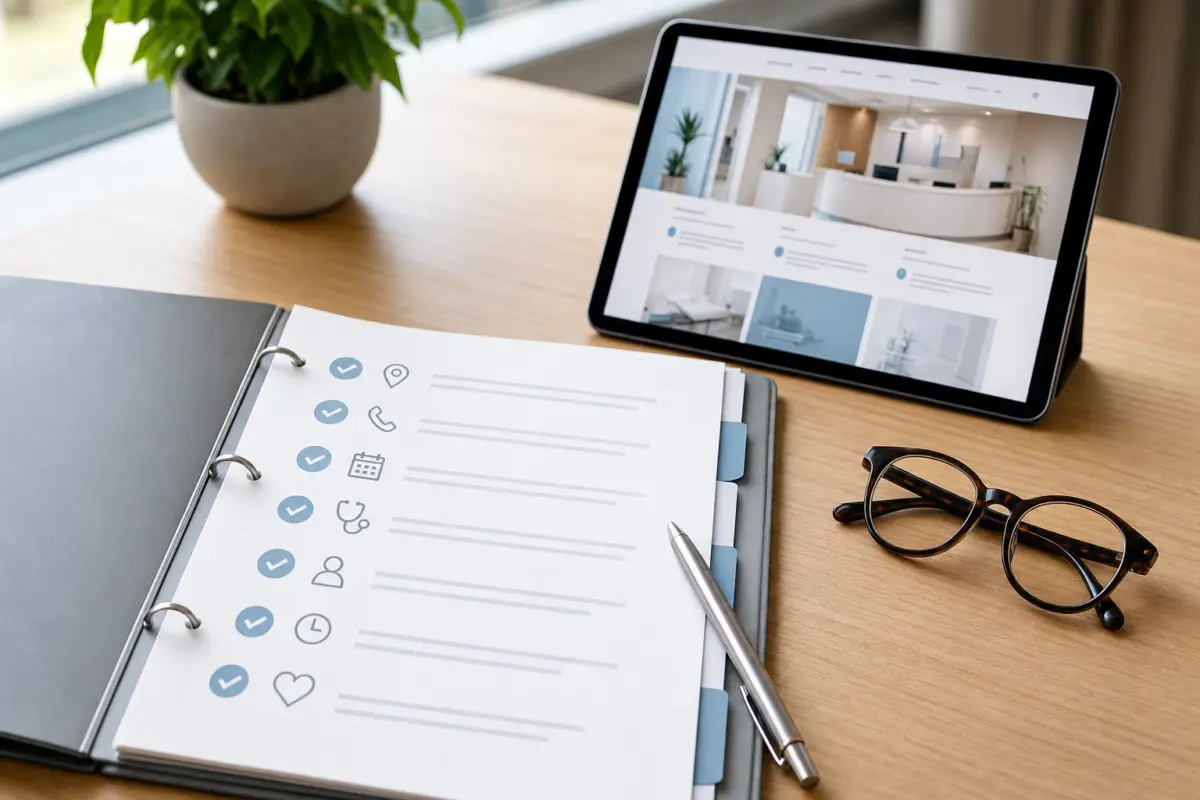 Illustration zum Artikel Webdesign für Arztpraxen: Worauf moderne Praxis-Websites achten sollten, Abschnitt 1: Ordner mit Checkliste, Brille, Stift, Tablet mit Website, Schreibtischoberfläche