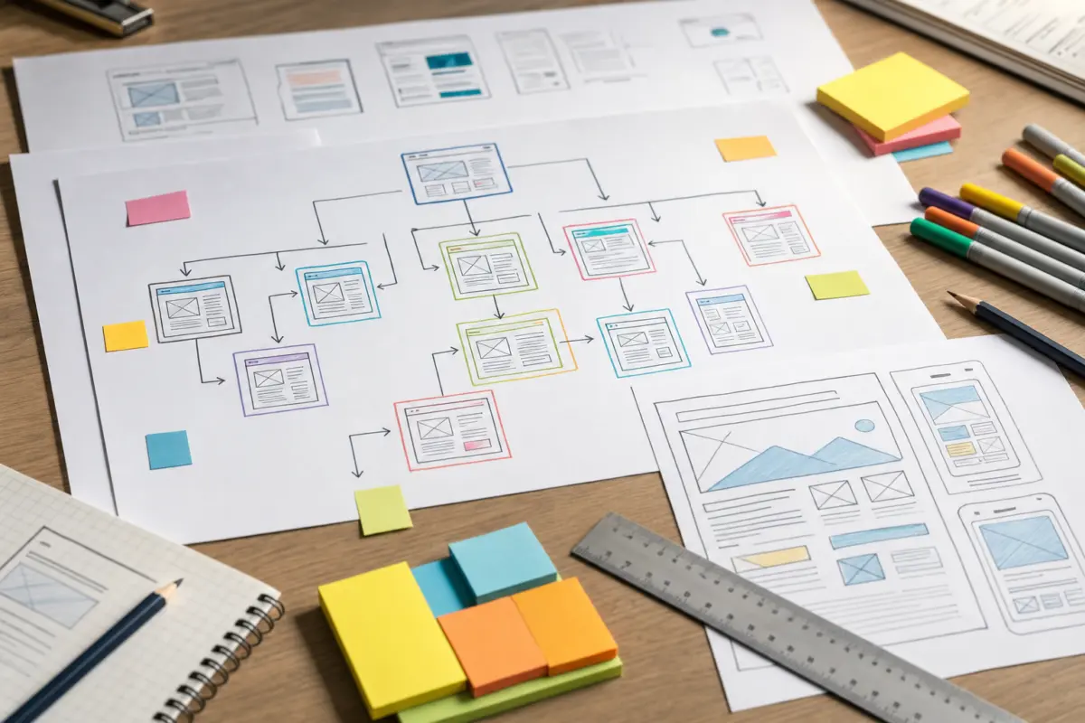 Illustration zum Artikel Professionelle Website oder Baukasten: Wann lohnt sich individuelles Webdesign?, Abschnitt 2: Papier-Sitemap, farbige Marker, Bleistift, technische Skizzen, Lineal, Notizzettel