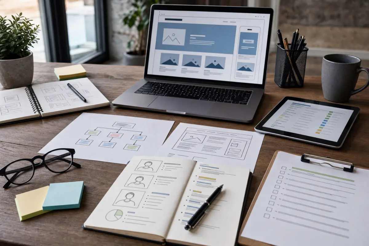 Illustration zum Artikel Webdesign und SEO in Köln: Warum beides zusammen gedacht werden sollte, Abschnitt 3: Papierbögen mit Strukturdiagrammen, Laptop mit Website-Interface-Entwurf, Tablet mit Keyword-Listen, Notizblock mit Zielgruppenprofilen,
