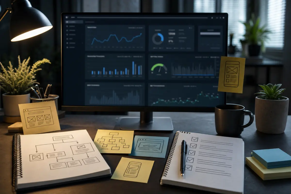 Illustration zum Artikel Warum verliert meine Website Rankings?, Abschnitt 4: Computerbildschirm mit Dashboards, Notizzettel mit Skizzen, Checklisten, Stifte, dezente Beleuchtung