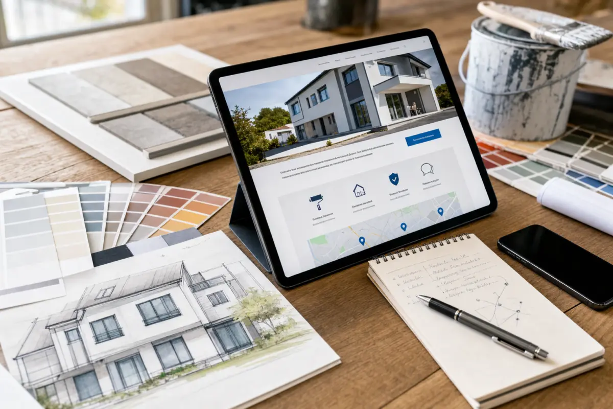 Illustration zum Artikel Webdesign für Handwerker: Eine Website, die Vertrauen und Anfragen bringt, Abschnitt 1: Tablet mit Webseite, Farbmustertafeln, Handskizzen Hausfassade, Notizblätter, Stift, Smartphone