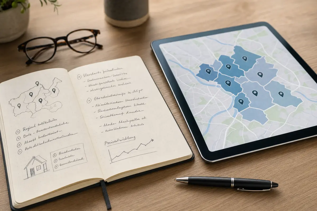 Illustration zum Artikel Webdesign für Immobilienmakler: Immobilien, Vertrauen und lokale Sichtbarkeit, Abschnitt 3: Notizbuch, handschriftliche Notizen, Tablet mit schematischer Immobilienkarte, Kugelschreiber, Brille