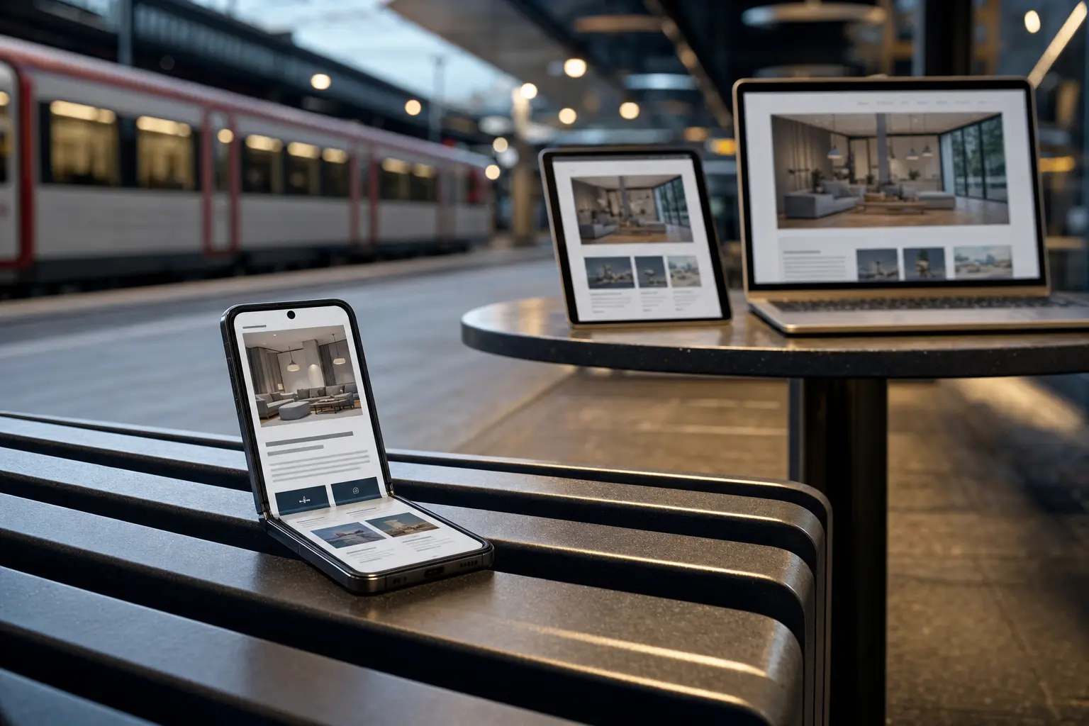 Titelbild zum Artikel Responsive Webdesign: Warum mobile Websites heute Pflicht sind: Smartphone mit responsiver Website, Bahnsteigbank, Tablet, Laptop, Bahnhofselemente, moderne Beleuchtung