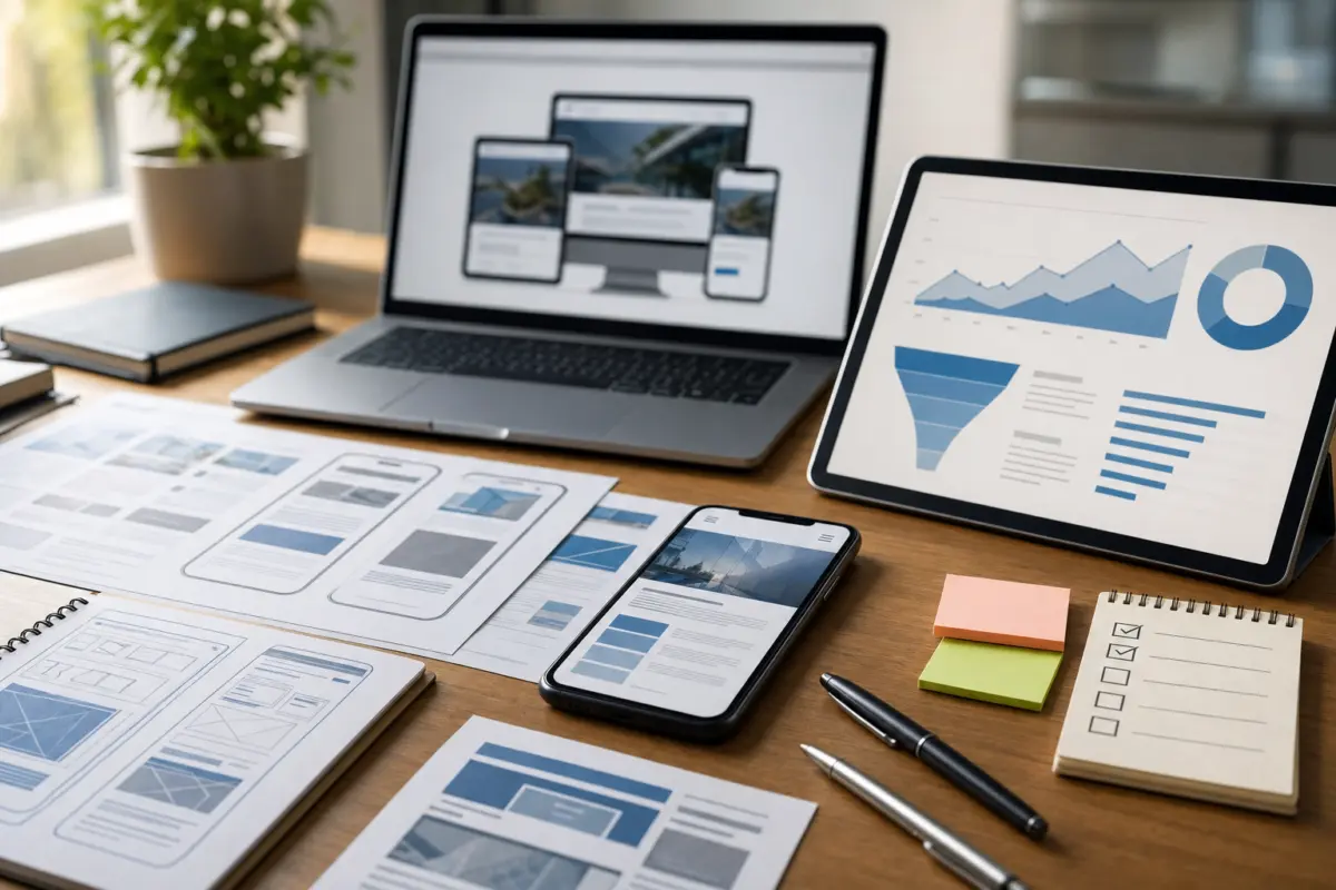 Illustration zum Artikel Responsive Webdesign: Warum mobile Websites heute Pflicht sind, Abschnitt 3: Tablet mit Diagramm, gedruckte Website-Analysedokumente, Smartphone mit Responsivitätsdarstellung, Laptop im Hintergrund, Notizzettel,