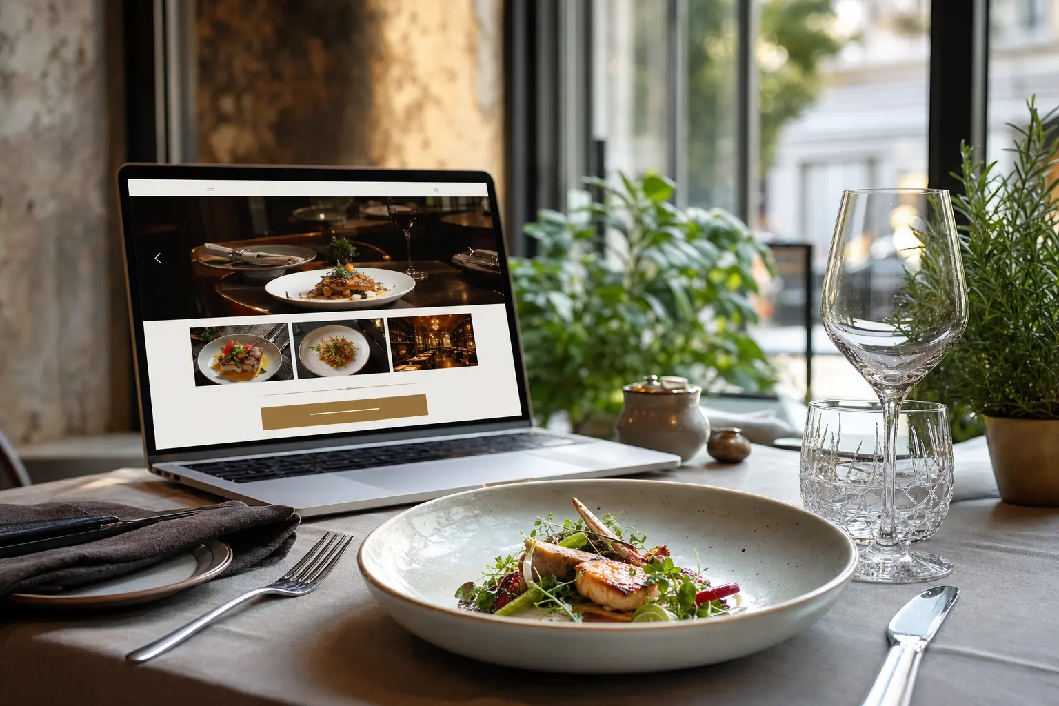 Titelbild zum Artikel Webdesign für Restaurants: Appetit, Vertrauen und Reservierungen: eingerichteter Restauranttisch, Porzellan, Besteck, Gläser, Laptop mit Restaurant-Website, Kräutertopf, Tageslichtfenster