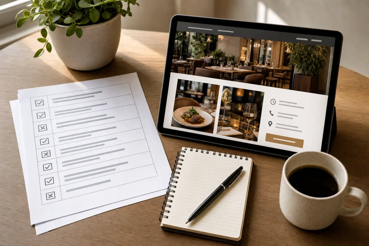Illustration zum Artikel Webdesign für Restaurants: Appetit, Vertrauen und Reservierungen, Abschnitt 3: Checklisten Papier, Tablet mit Restaurant Webseite, Kaffeetasse, Notizheft, Stift