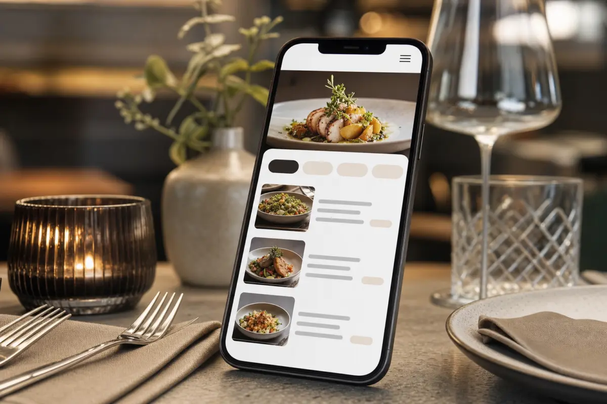 Illustration zum Artikel Webdesign für Restaurants: Appetit, Vertrauen und Reservierungen, Abschnitt 4: Smartphone, mobile Website Speisekarte, Buttons, White Space, Navigationselemente