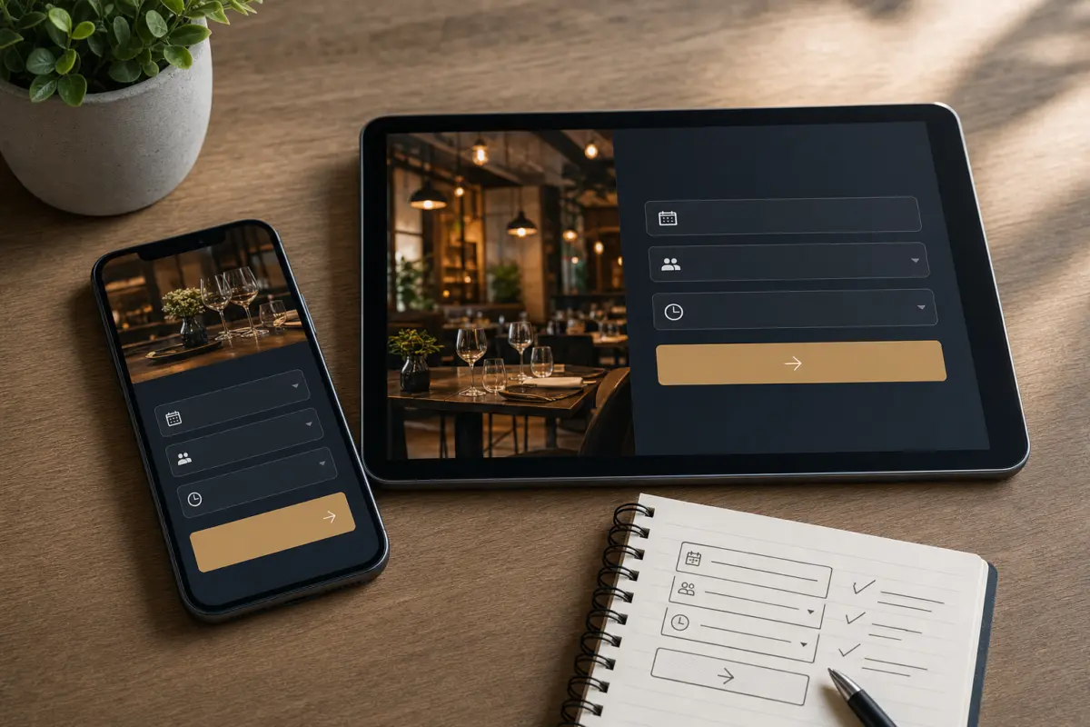 Illustration zum Artikel Webdesign für Restaurants: Appetit, Vertrauen und Reservierungen, Abschnitt 2: Smartphone, Tablet, Notizblock, Kugelschreiber, kleiner Pflanzkübel