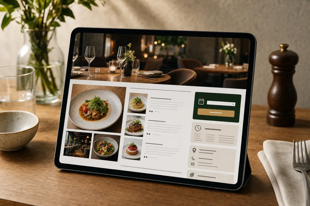 Illustration zum Artikel Webdesign für Restaurants: Appetit, Vertrauen und Reservierungen, Abschnitt 1: Tablet mit Restaurant-Website, Navigationselemente, hervorgehobener Reservierungsbutton, Speisekartenabschnitt, Öffnungszeiten