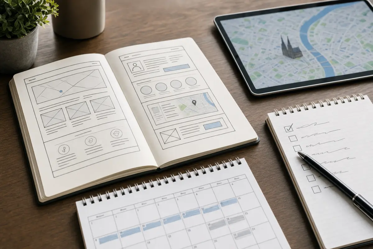 Illustration zum Artikel Webdesign in Köln: Was lokale Unternehmen wirklich brauchen, Abschnitt 1: Schreibtisch, offenes Wireframe-Storyboard Webseite, Tablet mit Stadtkarte Köln, Kalender, handschriftliche Checkliste, Stift