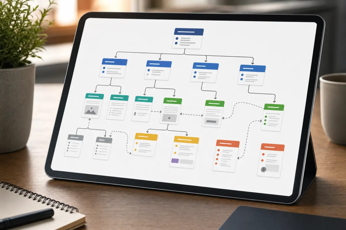 Illustration zum Artikel WordPress oder Baukasten: Was ist besser für Unternehmenswebsites?, Abschnitt 2: digitales Whiteboard, Tablet mit Baumdiagramm, Diagrammstruktur, farbliche Markierung von Seiten, Pfeile für