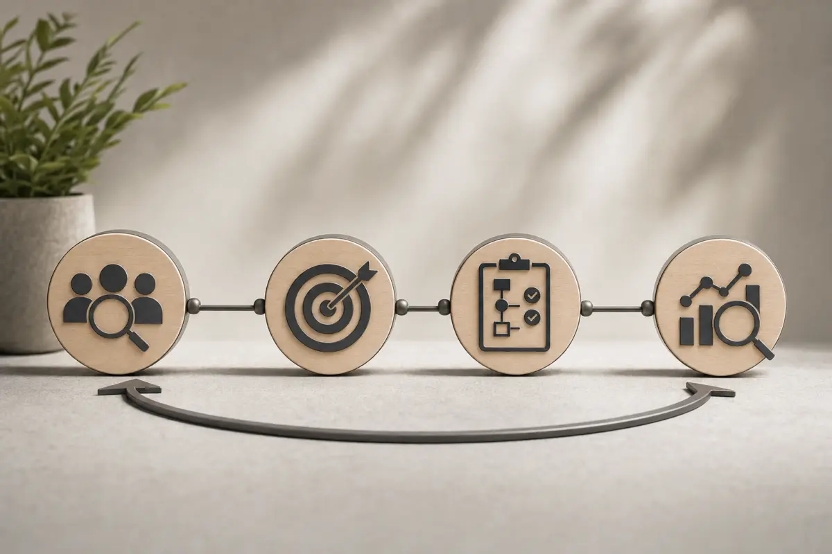 Illustration zum Artikel Wie läuft eine SEO-Betreuung konkret ab?, Abschnitt 3: stilisiertes Icon Zielgruppenanalyse, Icon Prioritätensetzung, Icon Maßnahmenplanung, Icon Ergebnisüberprüfung, verbundene Linien, neutraler