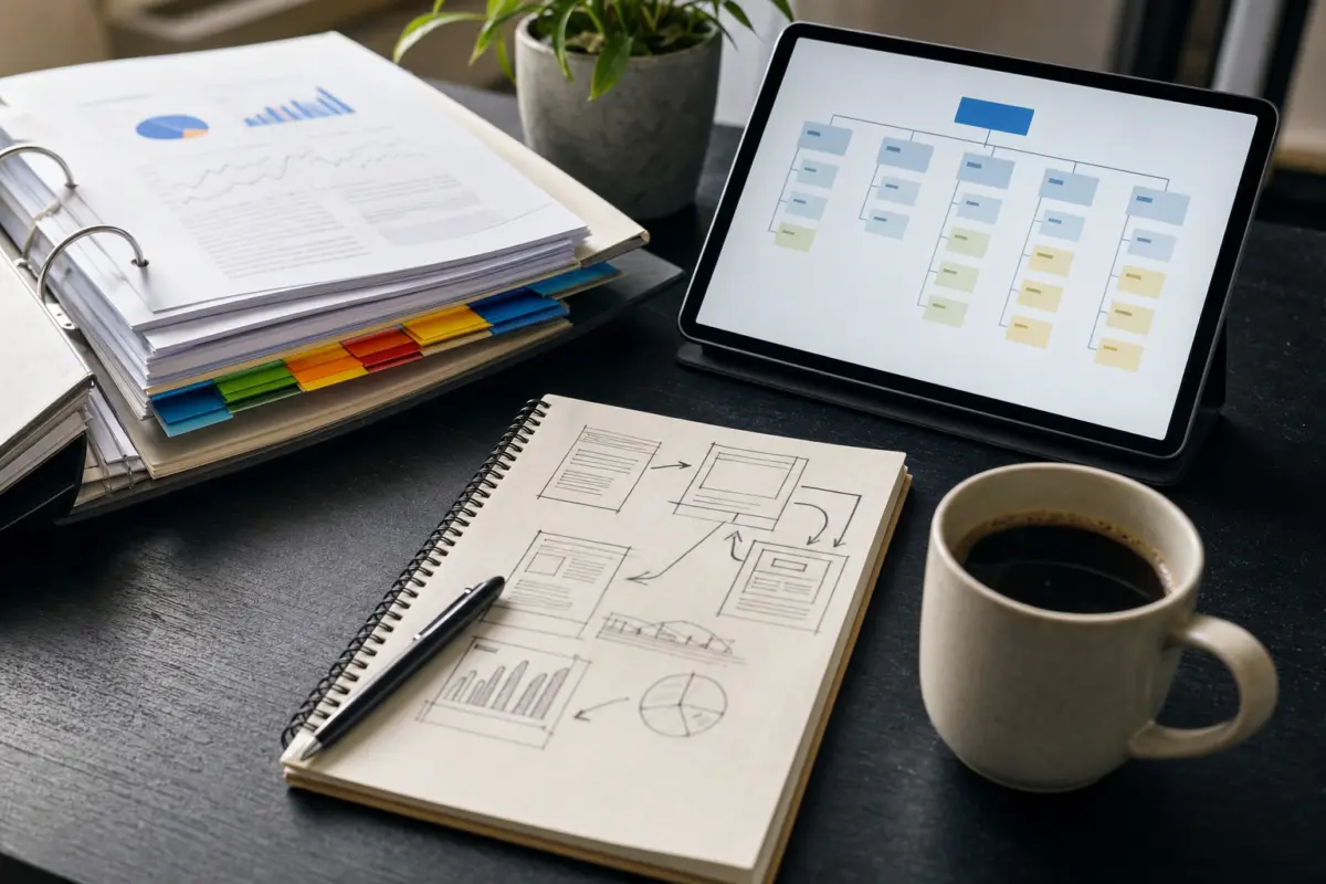 Illustration zum Artikel Was braucht eine SEO-Agentur für eine sinnvolle Analyse?, Abschnitt 1: Ordner mit farbigen Tabs, Tablet mit Website Architektur Grafik, Notizblock mit Skizzen,