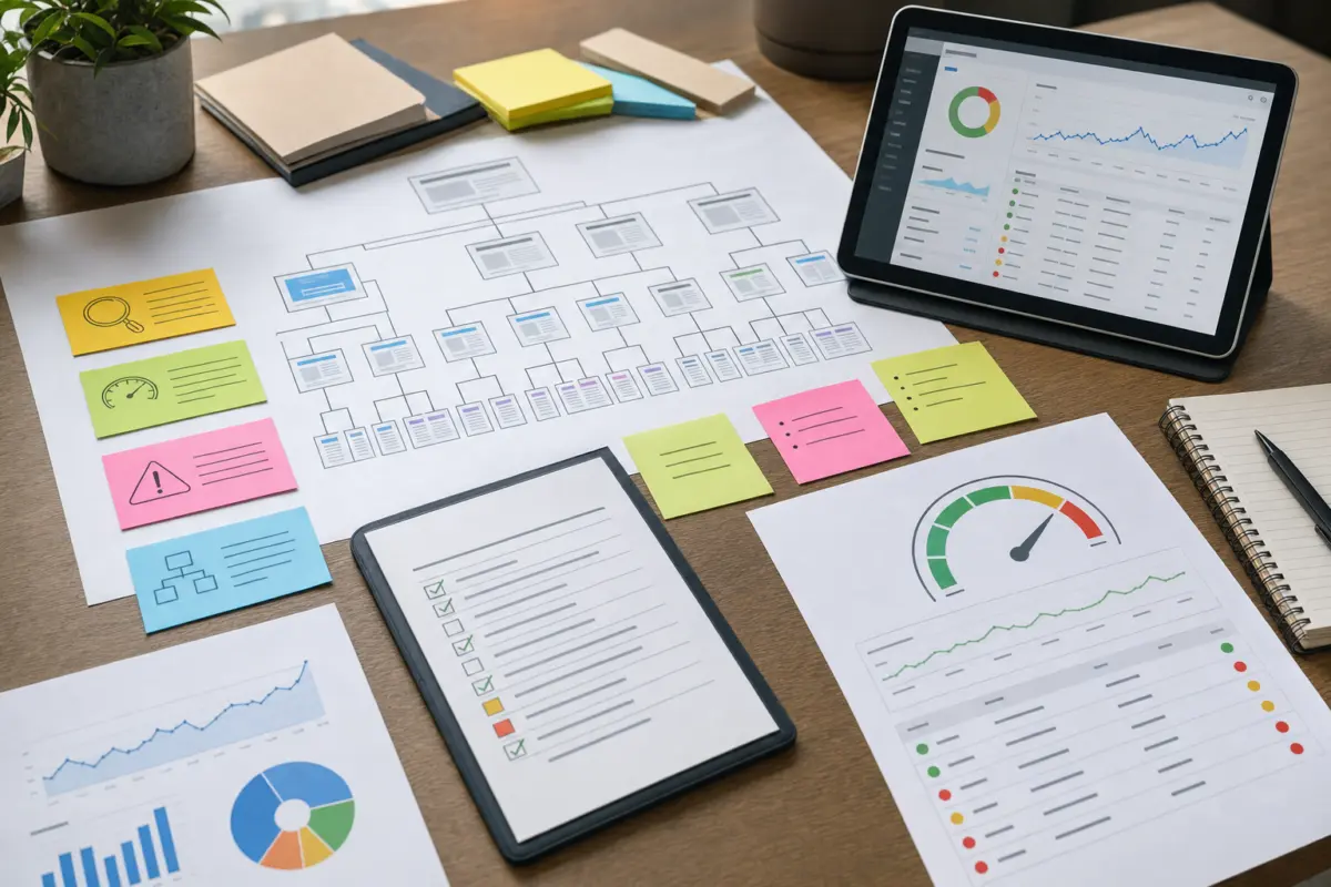 Illustration zum Artikel Wie läuft eine SEO-Betreuung konkret ab?, Abschnitt 1: ausgedruckter Website-Architekturplan, Klebezettel, Tablet mit SEO-Tool, Grafiken Traffic-Statistiken, technische Checklisten
