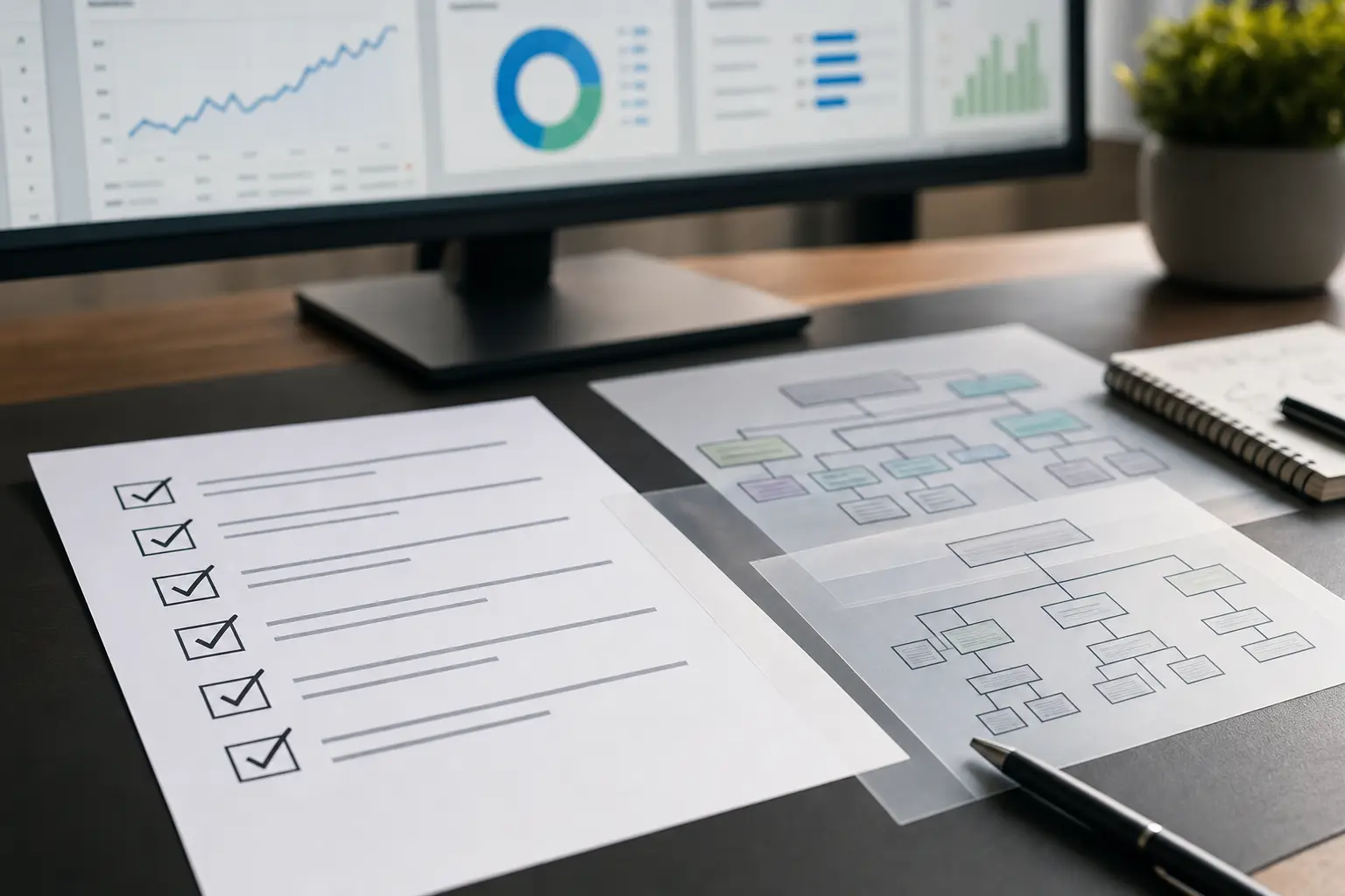 Titelbild zum Artikel Was braucht eine SEO-Agentur für eine sinnvolle Analyse?: SEO-Checkliste Papier, transparente Folien mit Website-Struktur, moderner Schreibtisch, Monitor mit unscharfen Performance-Diagrammen,