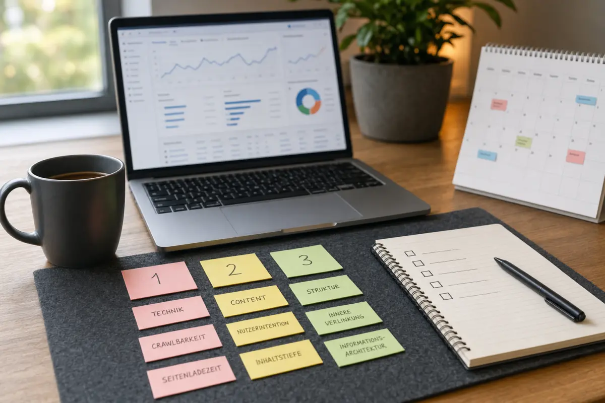 Illustration zum Artikel Was braucht eine SEO-Agentur für eine sinnvolle Analyse?, Abschnitt 4: Laptop mit SEO-Dashboard, Notizzettel mit Prioritäten, Kalender, Kaffeebecher, Schreibtischunterlage, Stift