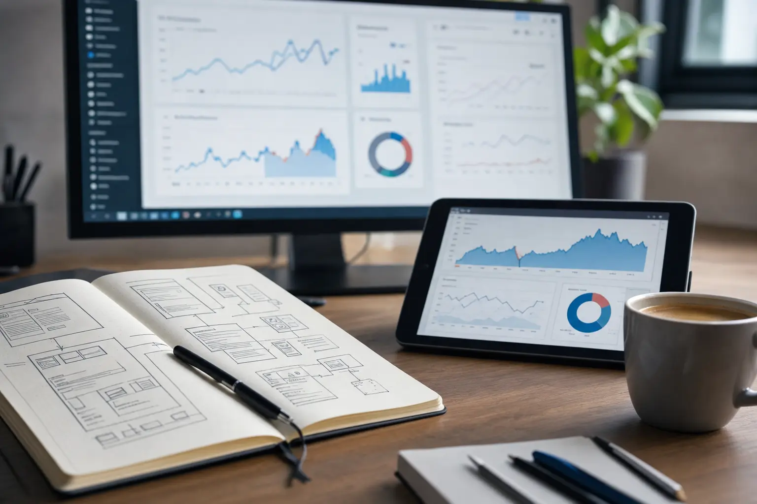 Titelbild zum Artikel Warum verliert meine Website Rankings?: Notizbuch, Tablet, Kaffeetasse, PC-Monitor, Stifte