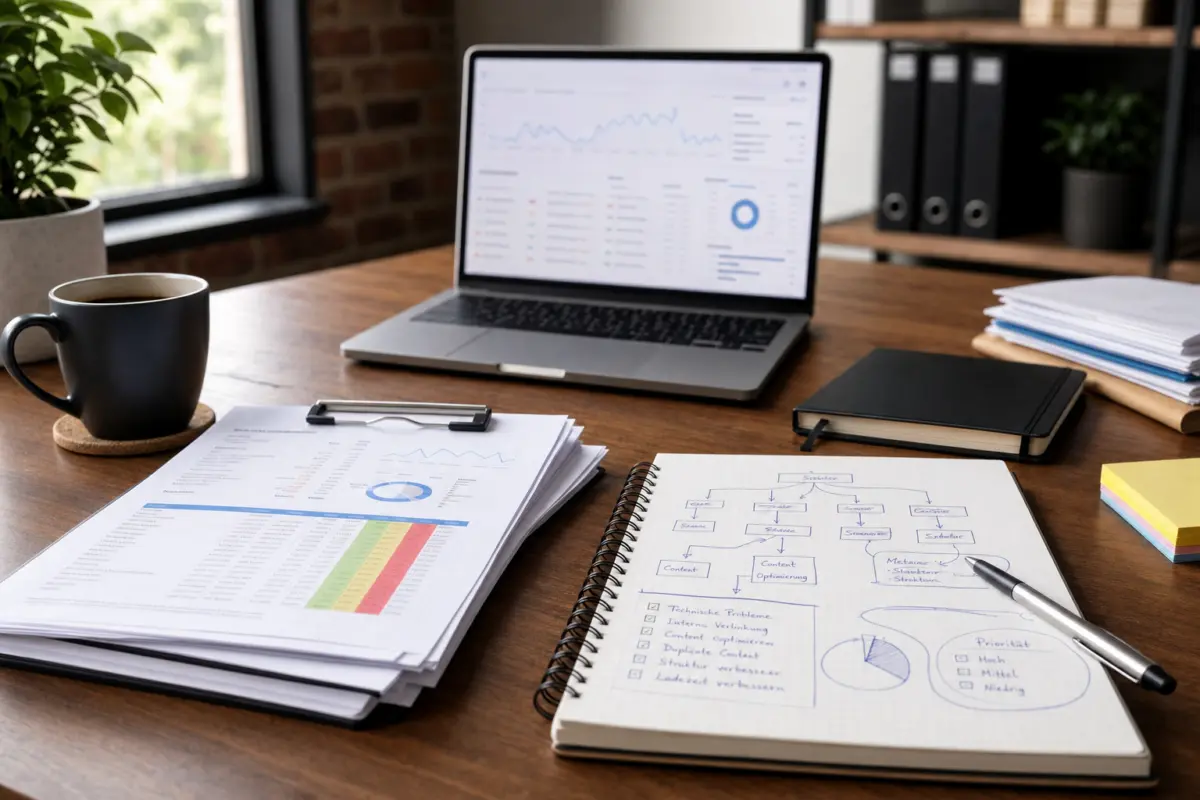 Illustration zum Artikel Was braucht eine SEO-Agentur für eine sinnvolle Analyse?, Abschnitt 3: Papierunterlagen mit Tabellen, technische Notizen, Stift, Laptop mit unscharfem Website-Interface, Kaffeetasse