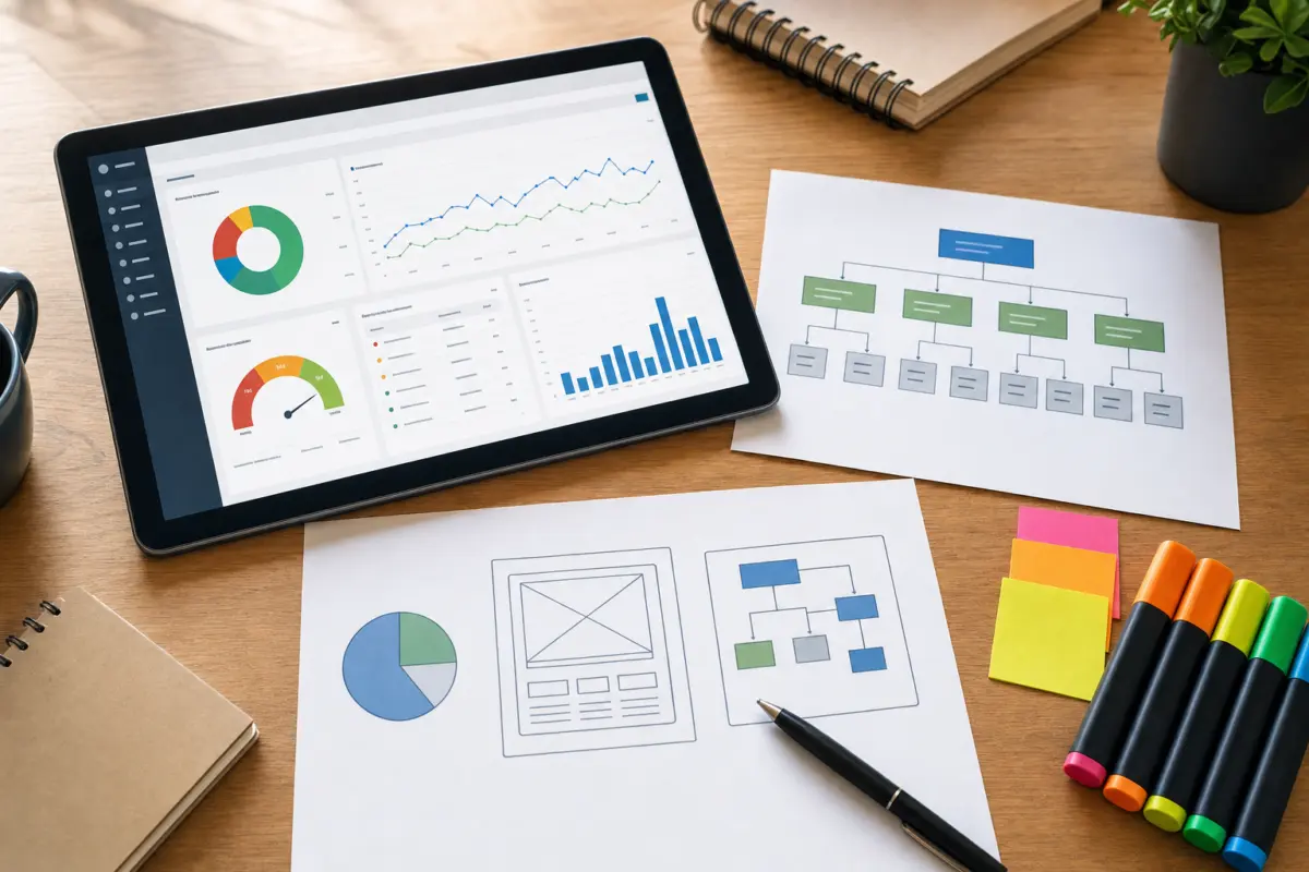 Illustration zum Artikel Warum rankt meine Website nicht bei Google?, Abschnitt 4: Tablet mit SEO-Dashboard, gedruckte Sitemap, Diagramme, farbige Marker, Notizzettel, moderner Holztisch