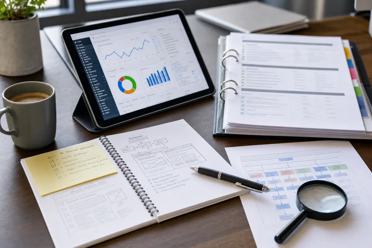 Illustration zum Artikel Was braucht eine SEO-Agentur für eine sinnvolle Analyse?, Abschnitt 2: Tablet mit Website-Analyse-Software, Ordner mit Checklisten, handschriftliche Zettel, Notizblock, Tasse Kaffee, Kugelschreiber