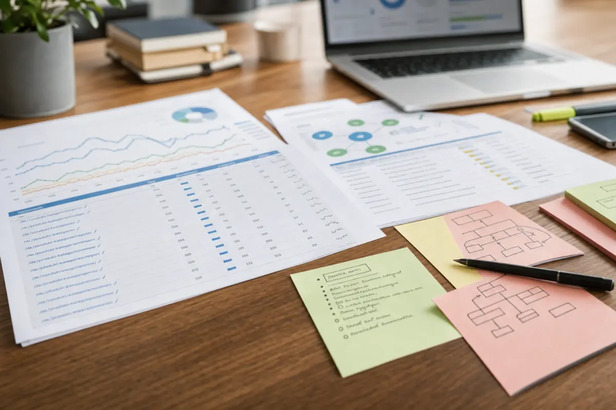Illustration zum Artikel Neue Website oder SEO zuerst: Was ist die richtige Reihenfolge?, Abschnitt 2: SEO-Analysedokumente, URL-Listen, Ranking-Charts, Backlink-Übersichten, Notizzettel, Stift, Laptop unscharf im Hintergrund