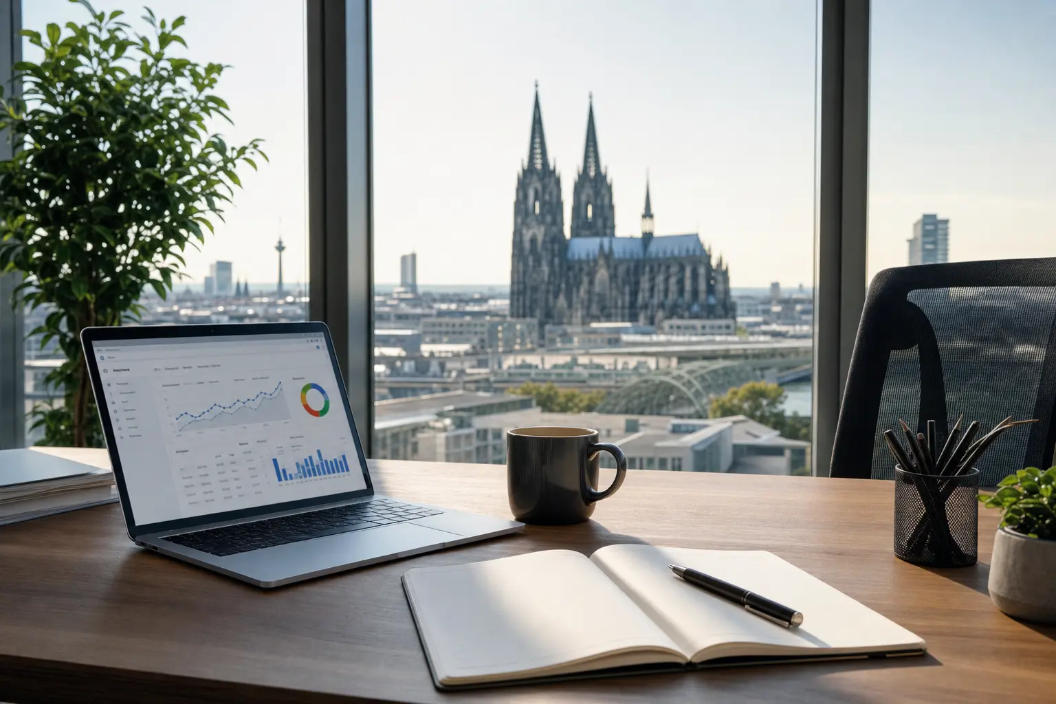 Titelbild zum Artikel SEO Beratung in Köln: Wann externe Unterstützung sinnvoll ist: Laptop, Notizbuch, Kaffeetasse, Fenster, Kölner Dom, moderner Bürostuhl, Schreibtisch