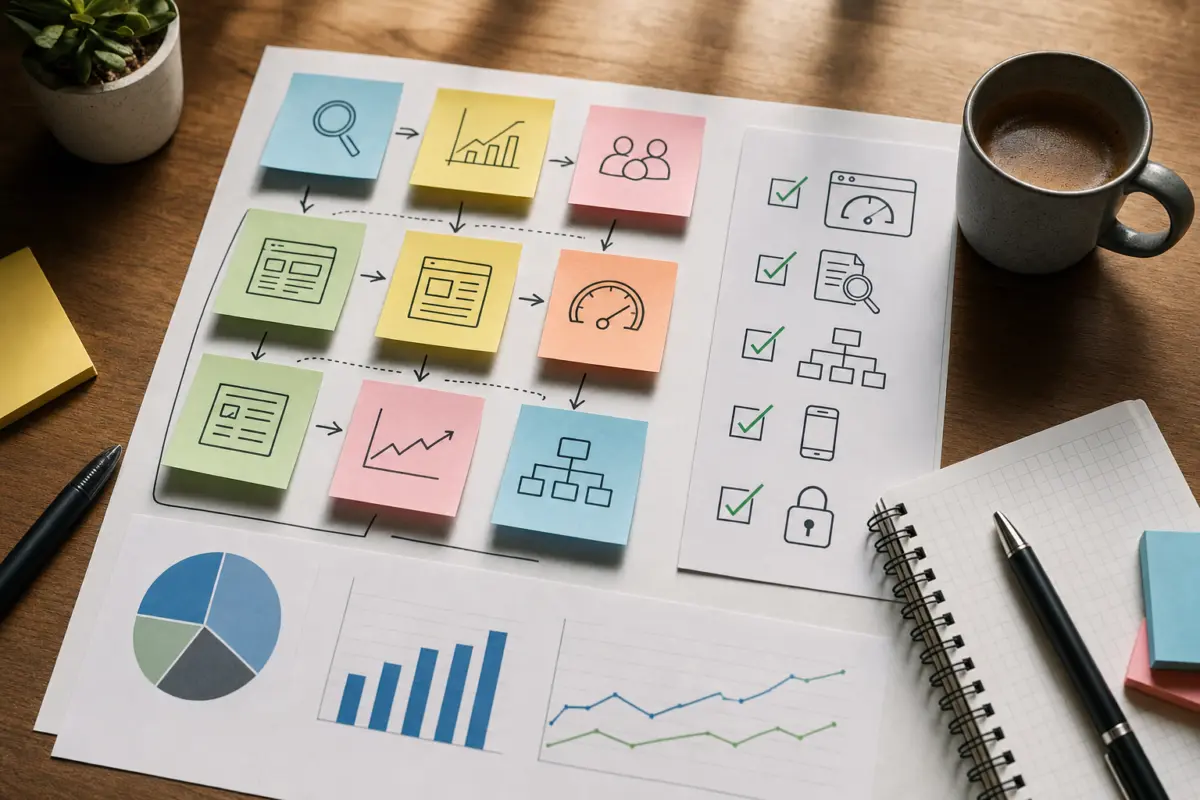Illustration zum Artikel SEO Beratung in Köln: Wann externe Unterstützung sinnvoll ist, Abschnitt 1: farbige Notizzettel, Diagramme, technische SEO-Checkliste, Stifte, Kaffeetasse