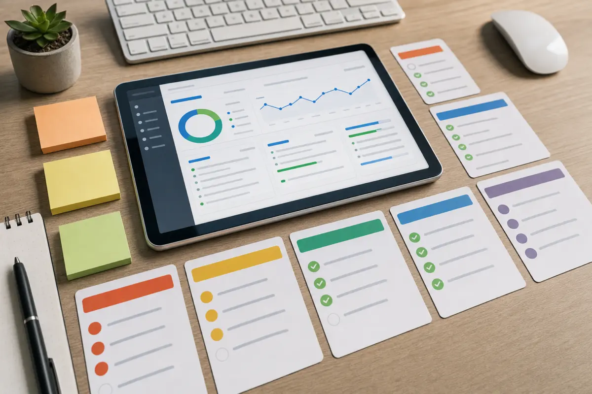 Illustration zum Artikel Wie läuft eine SEO-Betreuung konkret ab?, Abschnitt 4: Tablet mit Dashboard, farbige To-Do-Listen, Prioritäten-Karten, Tastatur, Maus