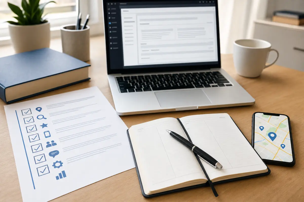Illustration zum Artikel SEO für Ärzte und Praxen: Wie Patienten online Vertrauen fassen, Abschnitt 2: SEO Checkliste, Laptop, Terminplaner, Kugelschreiber, Praxishandbuch, Smartphone mit Karten-App