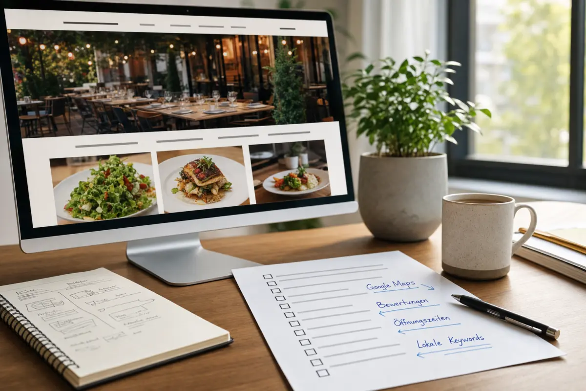 Illustration zum Artikel SEO für Restaurants: Warum lokale Sichtbarkeit mehr Gäste bringen kann, Abschnitt 2: Monitor mit Restaurant-Website, SEO-Checkliste, handschriftliche Notizen, Kaffeetasse, Topfpflanze