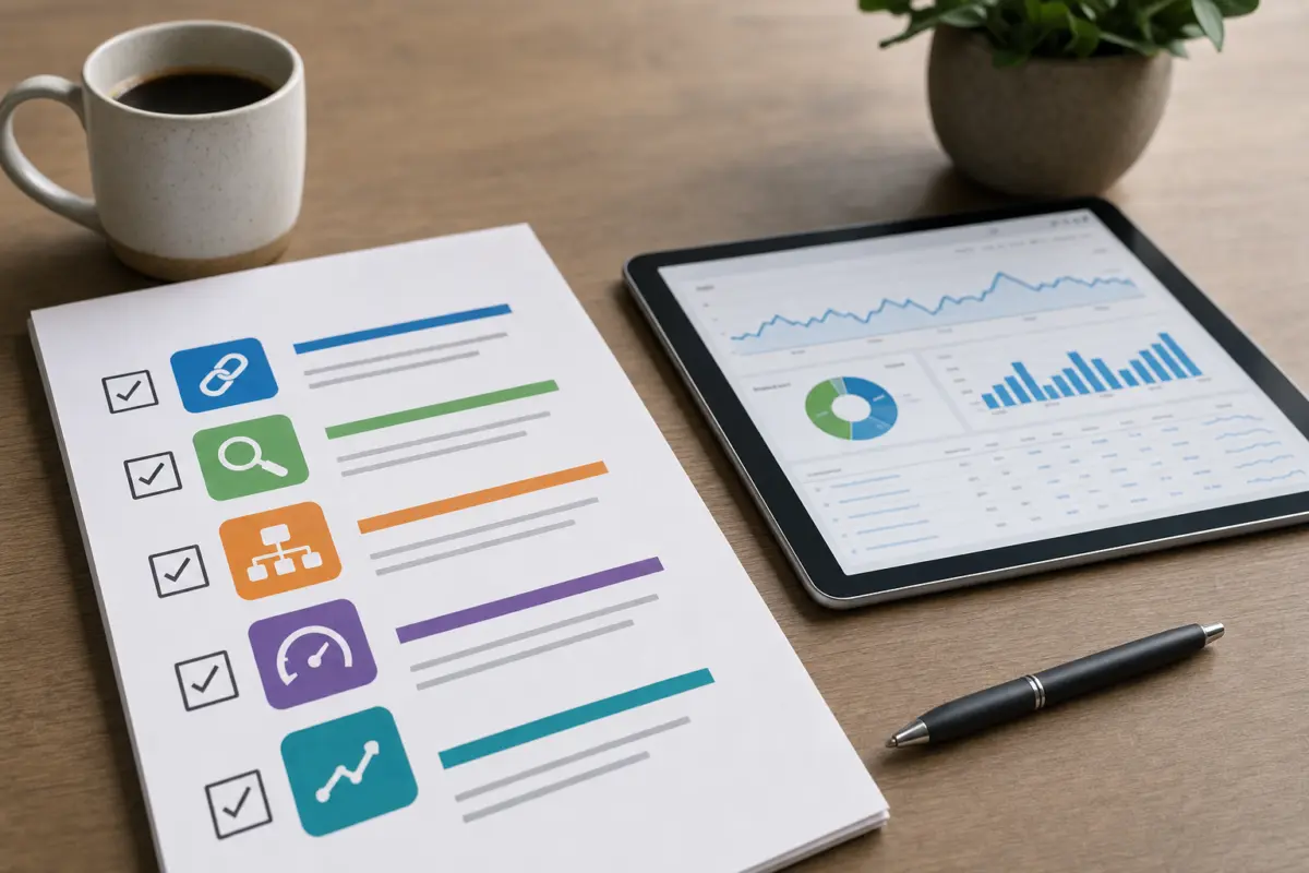 Illustration zum Artikel Warum funktioniert mein Website-Relaunch nicht?, Abschnitt 4: ausgedruckte SEO-Checkliste, Tablet mit Website Analyse, Stift, Kaffeetasse