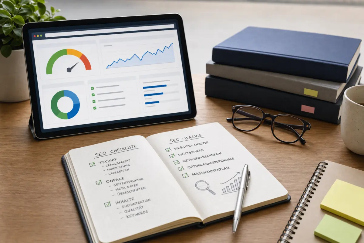 Illustration zum Artikel SEO einmalig oder laufend: Was ist sinnvoller?, Abschnitt 1: Notizbuch mit SEO Checkliste, Tablet mit Website Analyse, Fachbücher SEO Grundlagen, Kugelschreiber,