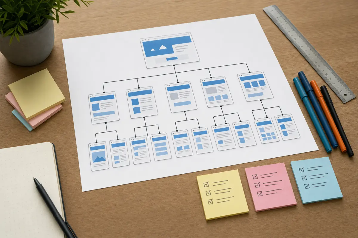 Illustration zum Artikel Webdesign und SEO: Warum Sichtbarkeit schon beim Aufbau beginnt, Abschnitt 2: Diagramm Website-Struktur, Notizzettel, farbige Stifte, Lineal