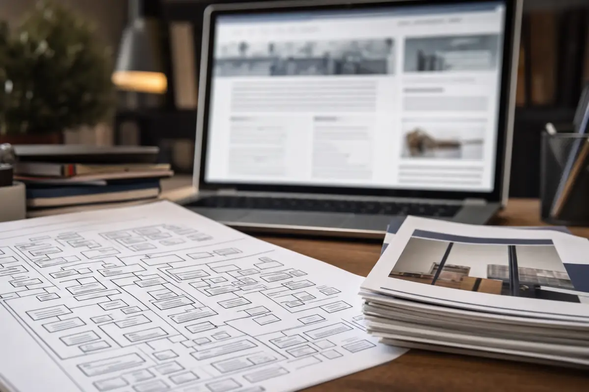 Illustration zum Artikel SEO für Rechtsanwälte: Sichtbarkeit in einem sensiblen Markt, Abschnitt 3: Website Sitemap Ausdruck, Flyer mit unklaren Kontaktinfos, unscharfer Laptop-Bildschirm mit unstrukturierter Website