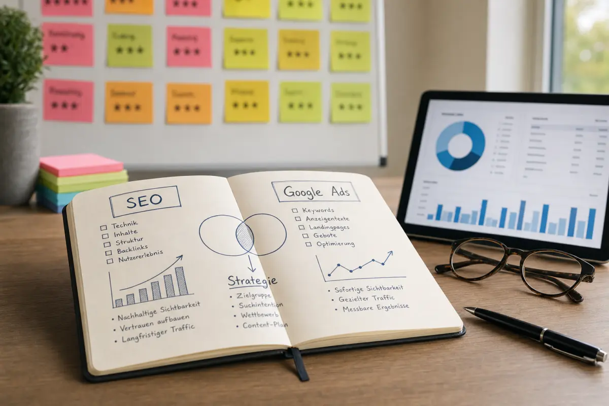 Illustration zum Artikel SEO oder Google Ads: Was lohnt sich für Unternehmen mehr?, Abschnitt 3: Notizbuch mit handschriftlichen Notizen, Tablet mit Graphik Keyword-Analyse, Brille, Moderationsboard, Post-its